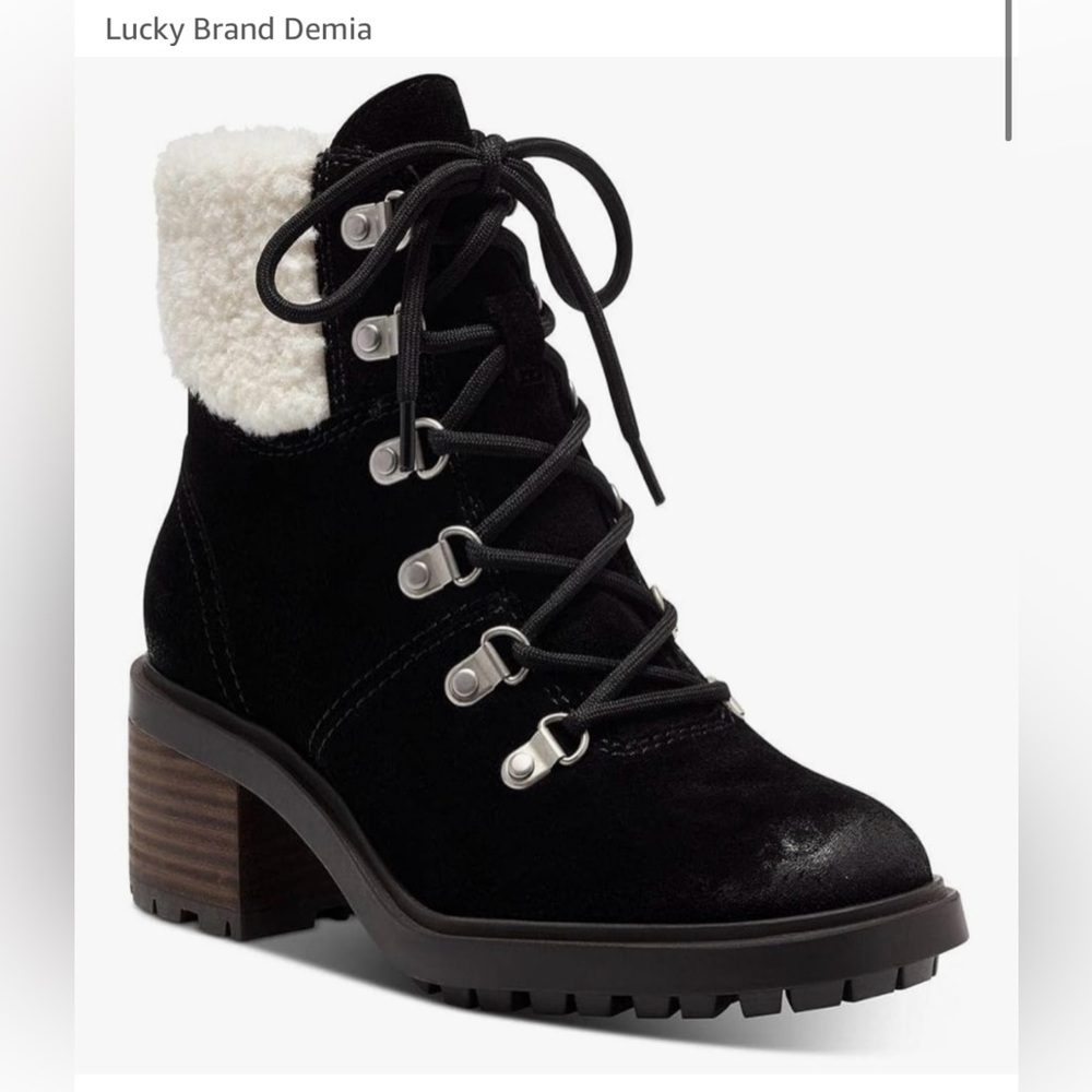 Lucky Brand Demia boots. Zip on side with front laces. Black suede. Size 9.5